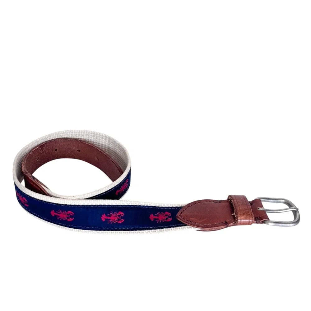 Crewcuts Boys Preppy Lobster Ribbon Belt Medium Navy Red Nautical Leather Trim